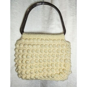 Cream Cotton Wool Blend Puffed Accent Shoulder Bag w/ Lucite Handles, Vintage